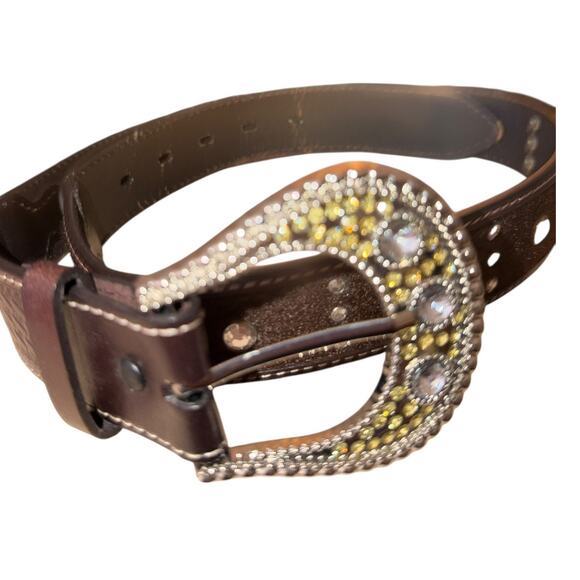 Western Jeweled Rhinestone Basketweave Leather Chunky Brown Belt Size Medium main image 4